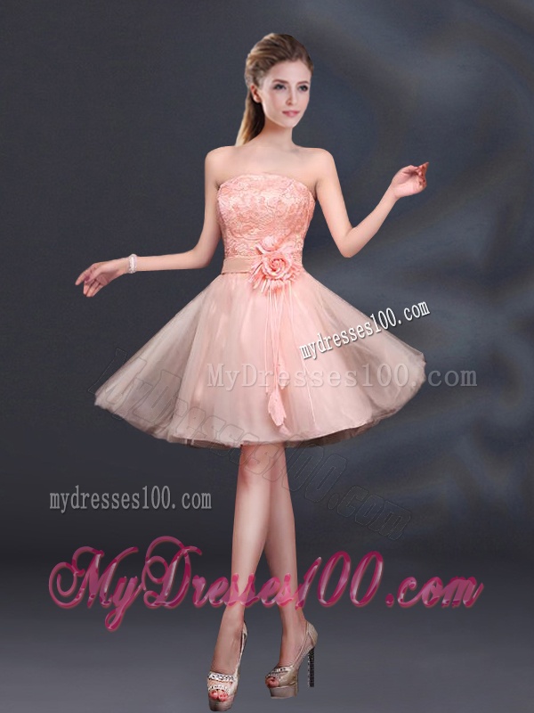Strapless A Line Hand Made Flowers Bridesmaid Dress for 2016