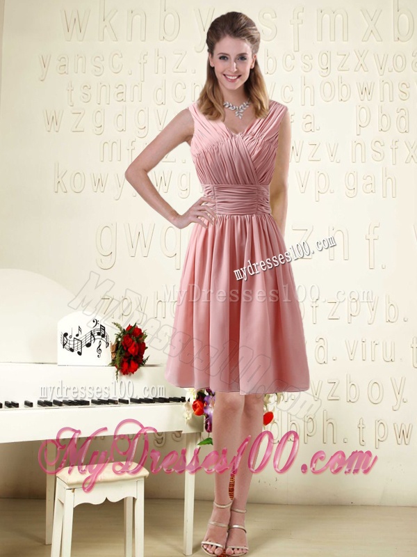 V Neck Empire Chiffon Ruching Bridesmaid Dresses for 2016
