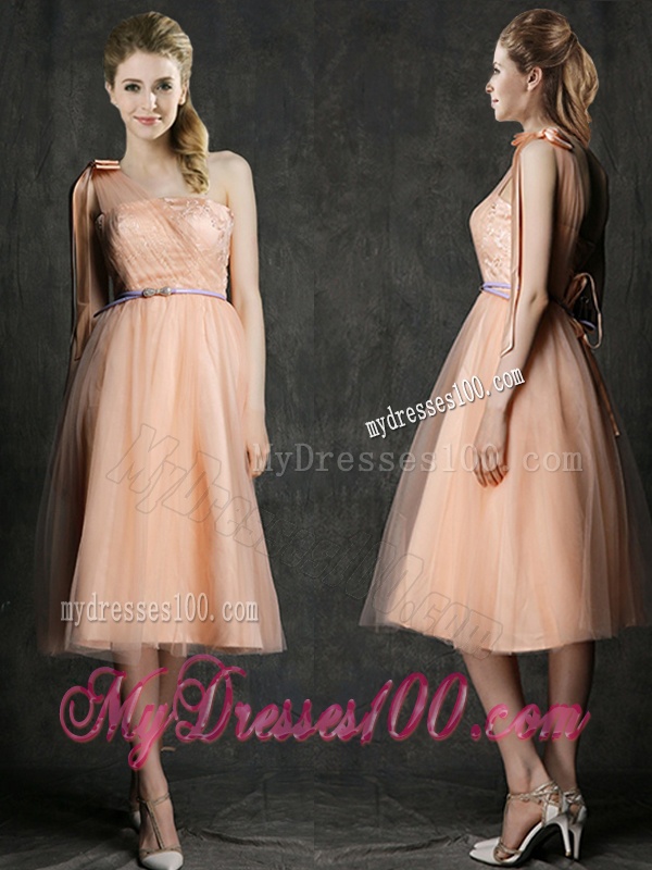 Wonderful One Shoulder Bridesmaid Dress with Sashes and Bowknot