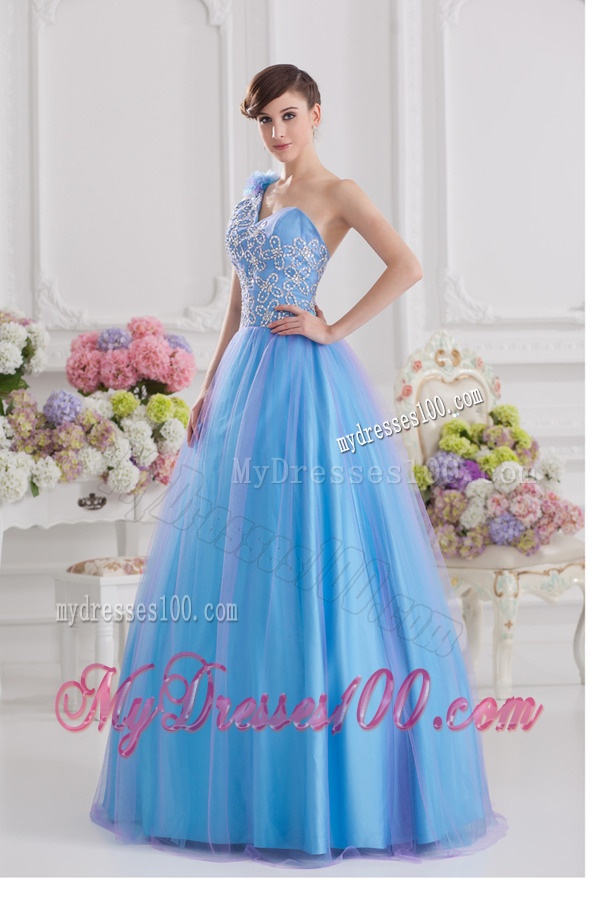 2016 A-line One Shoulder Tulle Blue Quinceanera Dress with Appliques Hand Made Flower