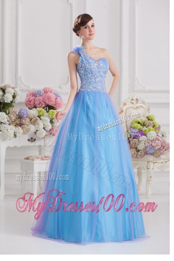 2016 A-line One Shoulder Tulle Blue Quinceanera Dress with Appliques Hand Made Flower