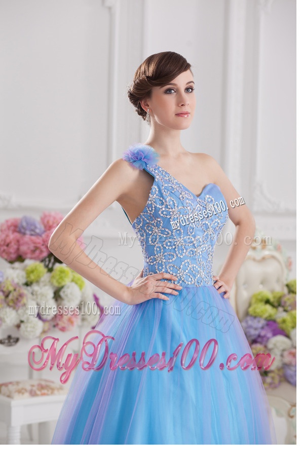 2016 A-line One Shoulder Tulle Blue Quinceanera Dress with Appliques Hand Made Flower