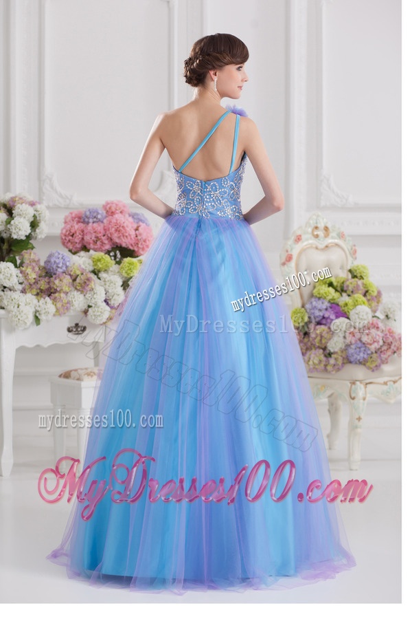 2016 A-line One Shoulder Tulle Blue Quinceanera Dress with Appliques Hand Made Flower