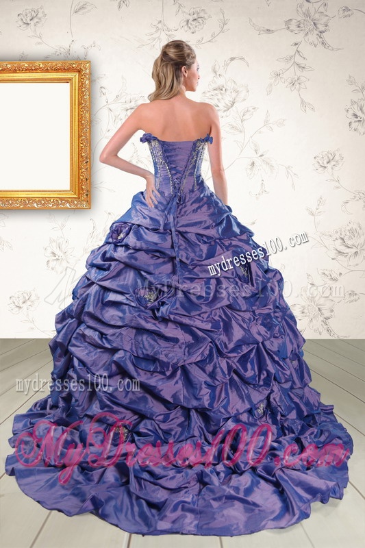 2016 Beaded and Pick Ups Purple Quinceanera Dresses with Brush Train