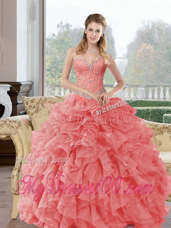 2016 Popular Beading and Ruffles Quinceanera Dresses in Watermelon