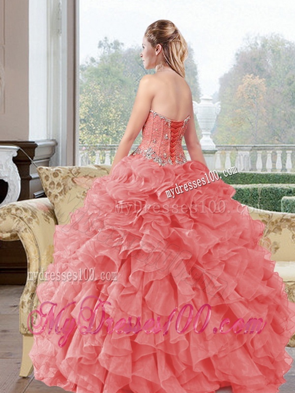 2016 Popular Beading and Ruffles Quinceanera Dresses in Watermelon