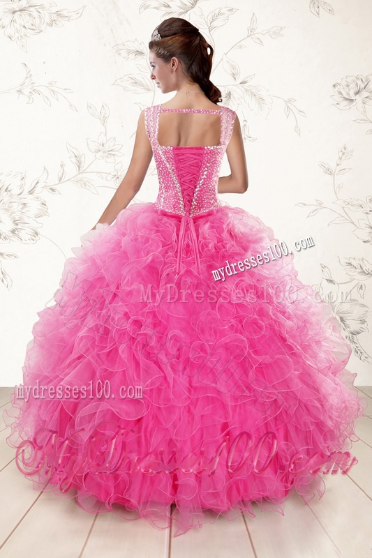 2016 Pretty Straps Hot Pink Quinceanera Dresses with Beading