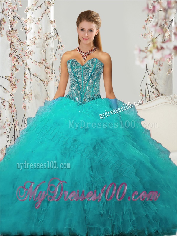 2016 Top Seller Beading and Ruffles Sweet 15 Dresses in Turquoise