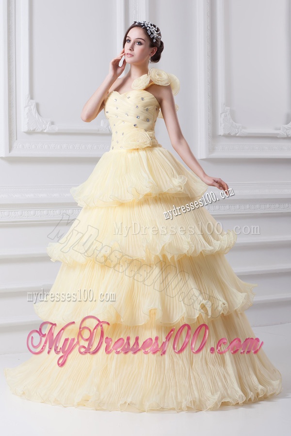 Beautiful A-line One Shoulder Beading and Ruffled Layers Quinceanera Dress in Light Yellow