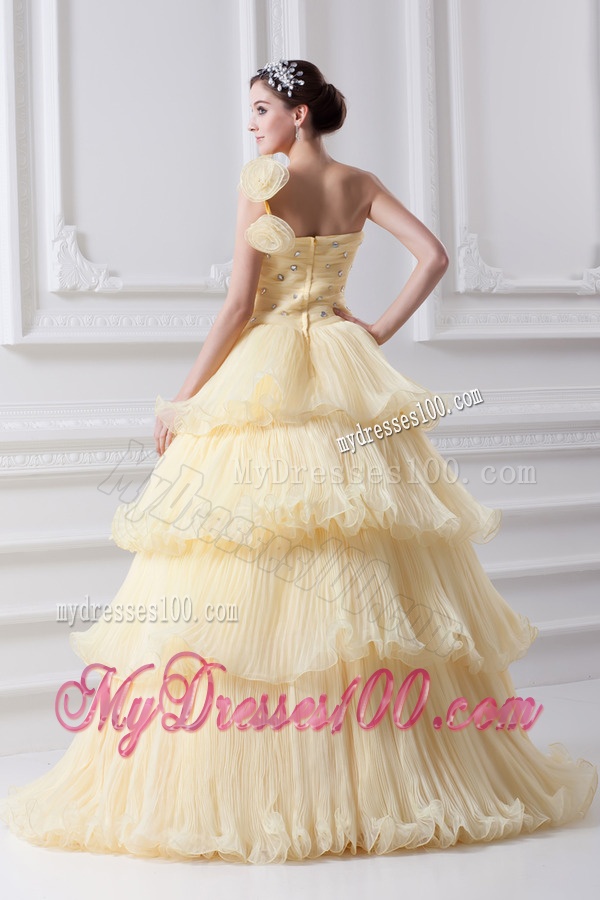 Beautiful A-line One Shoulder Beading and Ruffled Layers Quinceanera Dress in Light Yellow