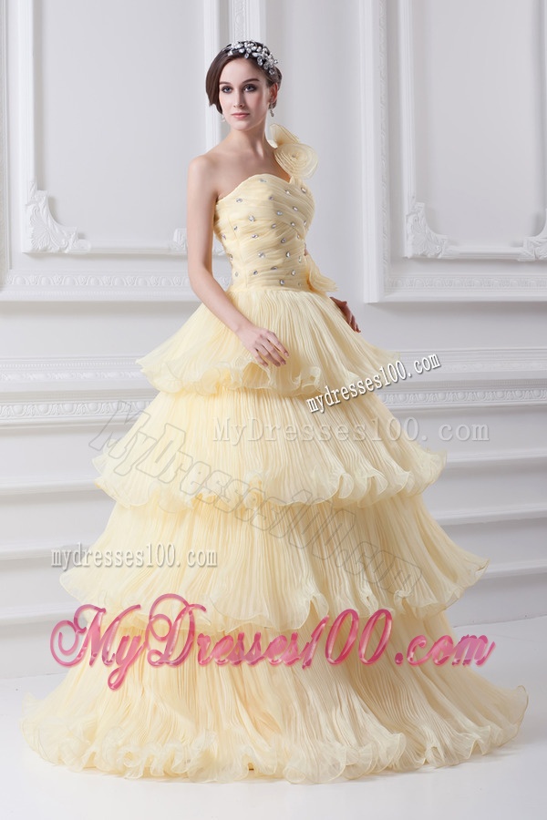 Beautiful A-line One Shoulder Beading and Ruffled Layers Quinceanera Dress in Light Yellow