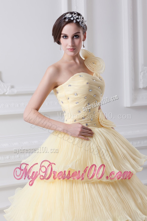 Beautiful A-line One Shoulder Beading and Ruffled Layers Quinceanera Dress in Light Yellow
