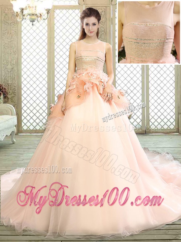 Beautiful Scoop Court Train Quinceanera Dresses with Hand Made Flowers