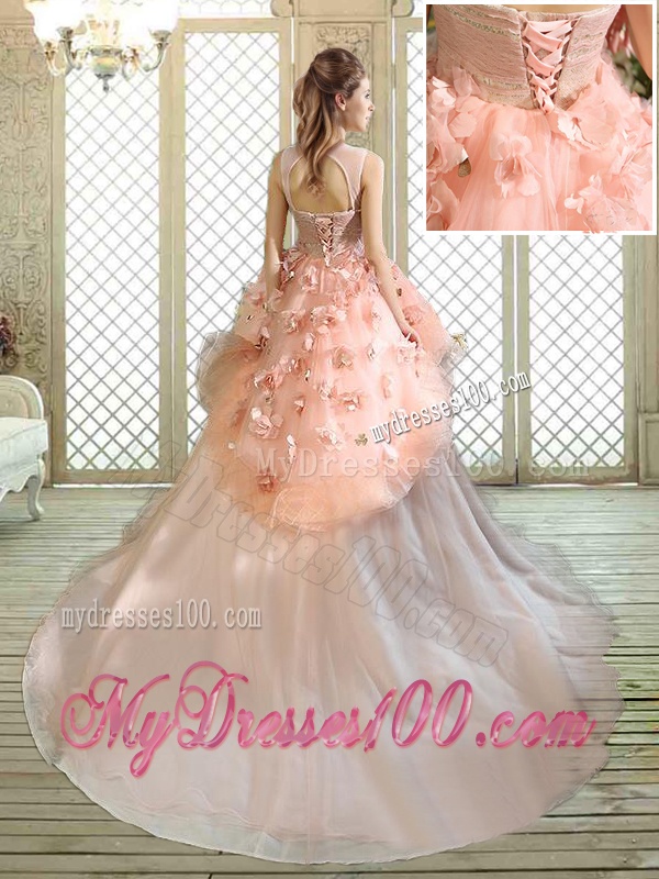Beautiful Scoop Court Train Quinceanera Dresses with Hand Made Flowers