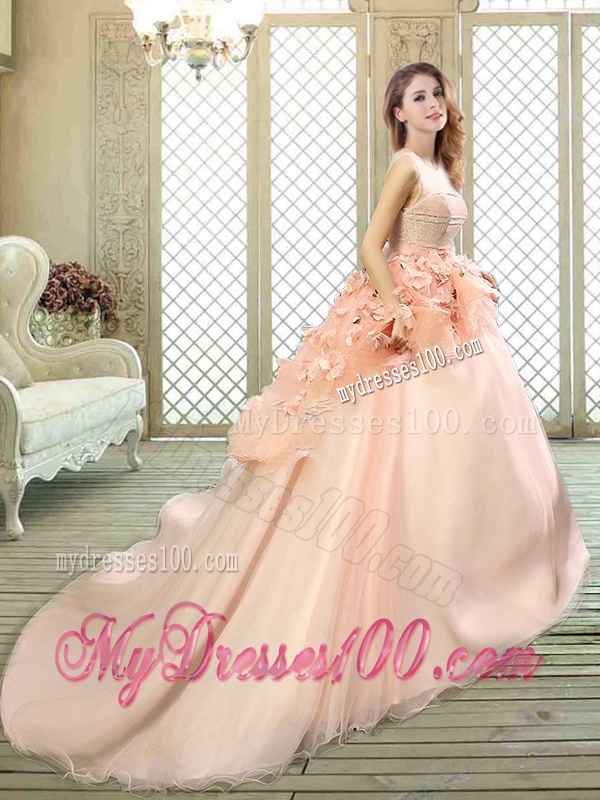 Beautiful Scoop Court Train Quinceanera Dresses with Hand Made Flowers
