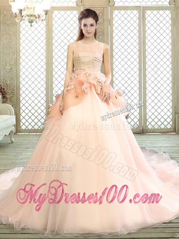 Beautiful Scoop Court Train Quinceanera Dresses with Hand Made Flowers