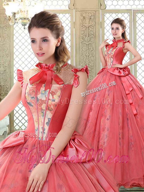 Classical High Neck Cap Sleeves Quinceanera Gowns with Bowknot