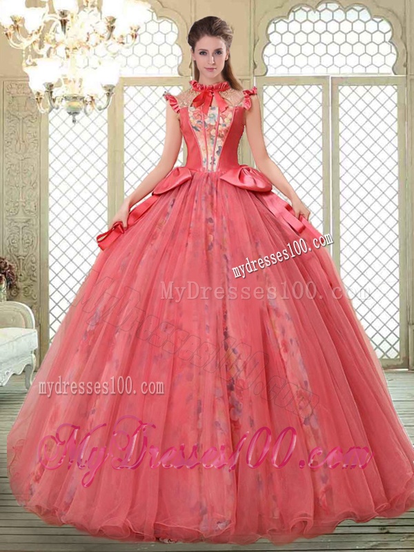 Classical High Neck Cap Sleeves Quinceanera Gowns with Bowknot