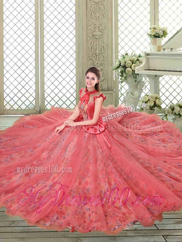 Classical High Neck Cap Sleeves Quinceanera Gowns with Bowknot