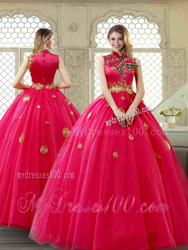 Exclusive High Neck Quinceanera Gowns in Coral Red
