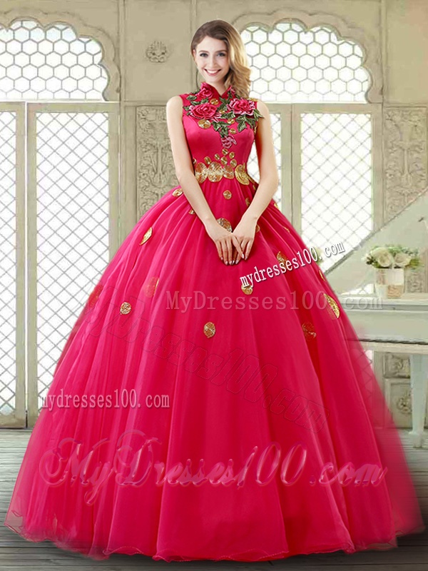 Exclusive High Neck Quinceanera Gowns in Coral Red