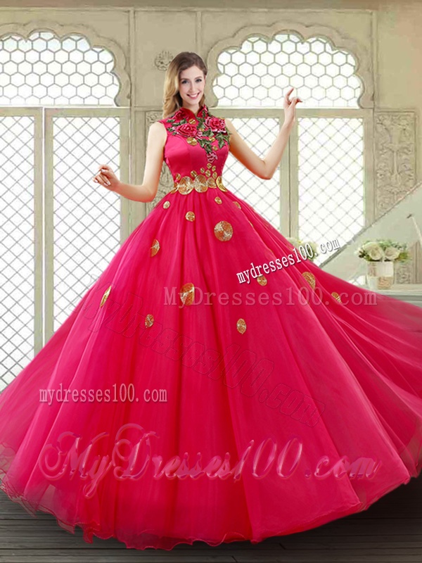 Exclusive High Neck Quinceanera Gowns in Coral Red