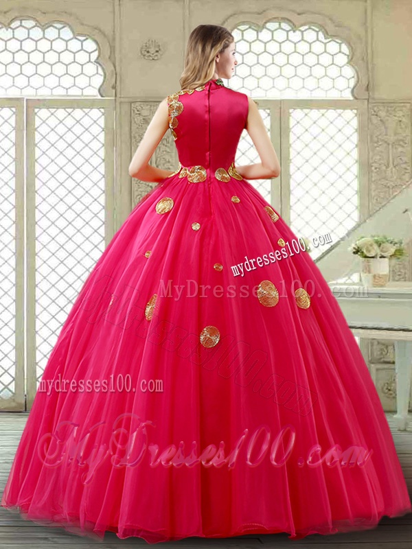 Exclusive High Neck Quinceanera Gowns in Coral Red