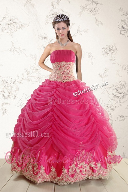 Fashionable 2016 Strapless Hot Pink Quinceanera Dresses with Beading and Lace