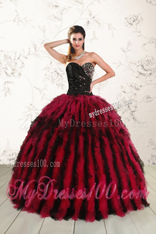 Luxurious Sweetheart Ruffles and Beaded Quinceanera Dresses in Red and Black