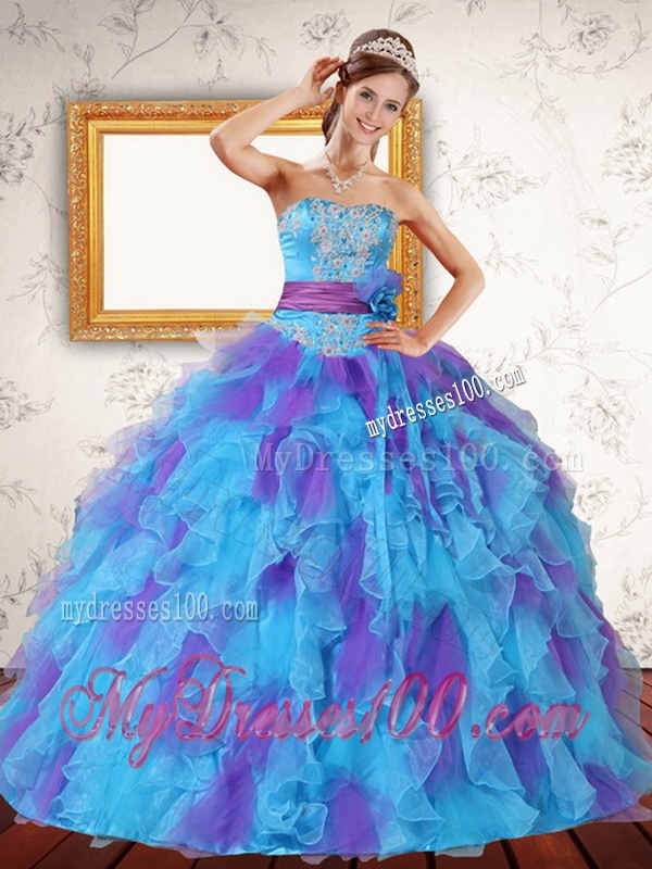 Multi Color Strapless Quinceanera Dress with Ruffles and Sash
