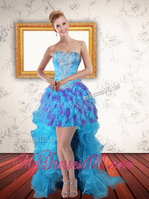 Multi Color Strapless Quinceanera Dress with Ruffles and Sash