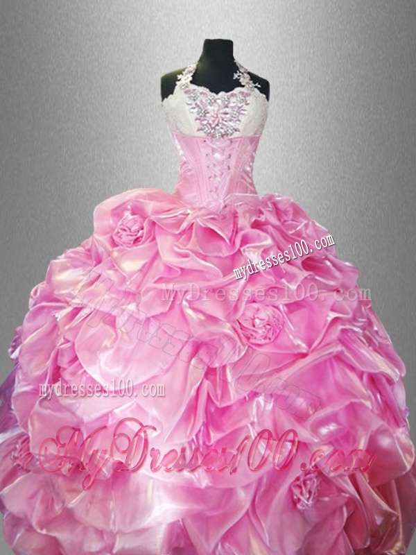 Perfect Halter Top Quinceanera Dresses with Pick Ups and Hand Made Flowers