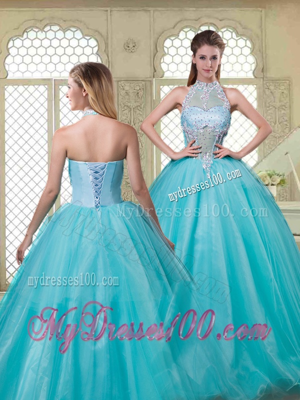 Popular Halter Top Quinceanera Dresses with Brush Train