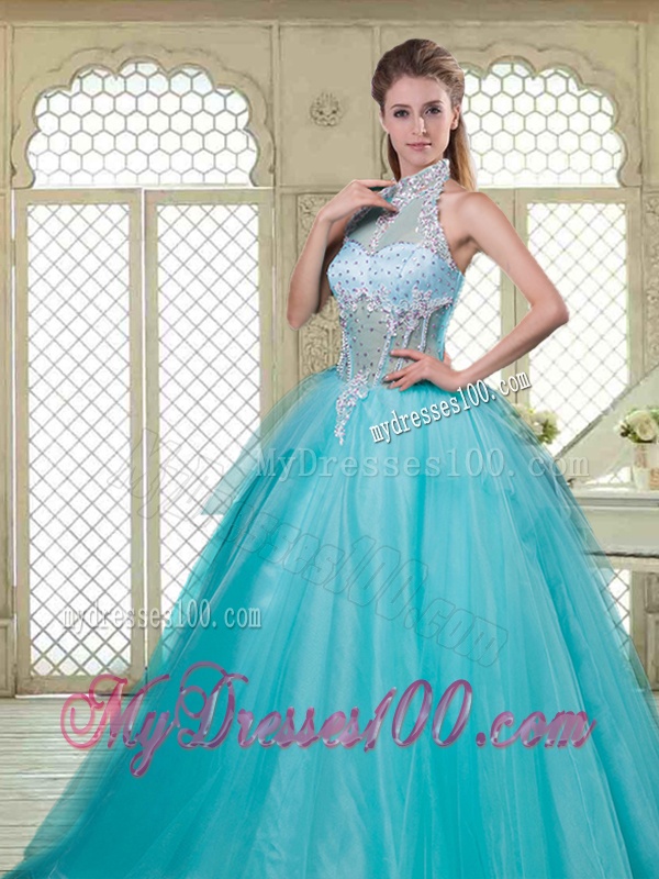 Popular Halter Top Quinceanera Dresses with Brush Train