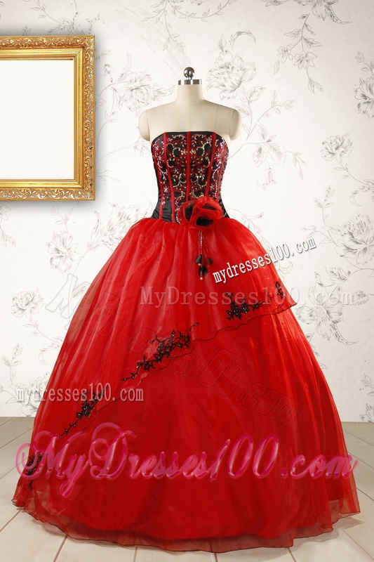 Red Appliques Strapless Quinceanera Dresses for 2016