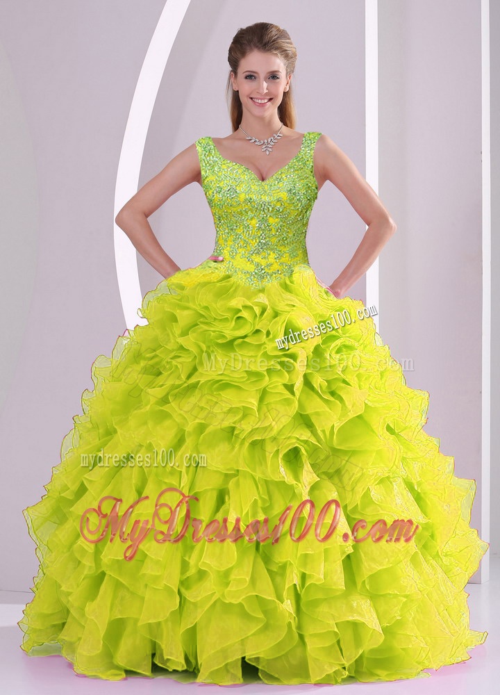 Trendy Beading and Ruffles Yellow Green Quinceanera Dresses for 2016