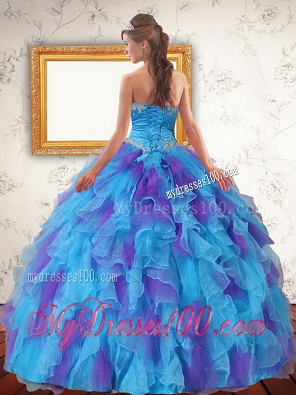 Trendy Ruffles and Sash Strapless Quinceanera Dress in Multi Color