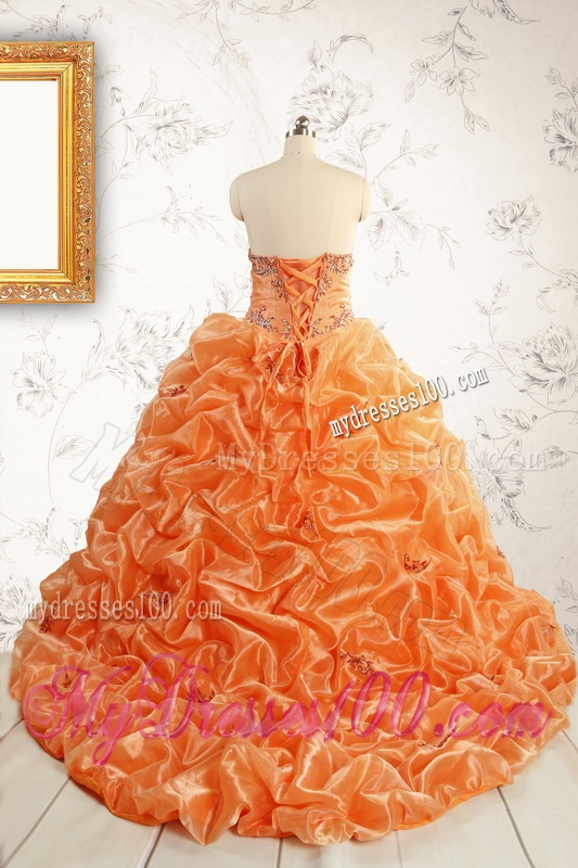Unique Appliques Brush Train Quinceanera Dresses in Orange