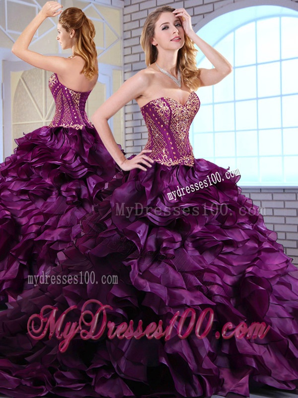 Wonderful Brush Train Dark Purple Sweet 16 Dresses with Ruffles and Appliques