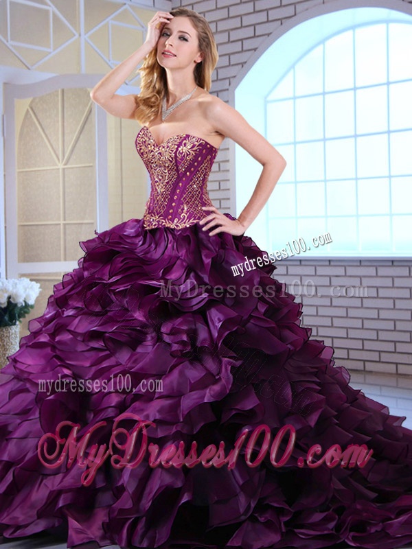 Wonderful Brush Train Dark Purple Sweet 16 Dresses with Ruffles and Appliques