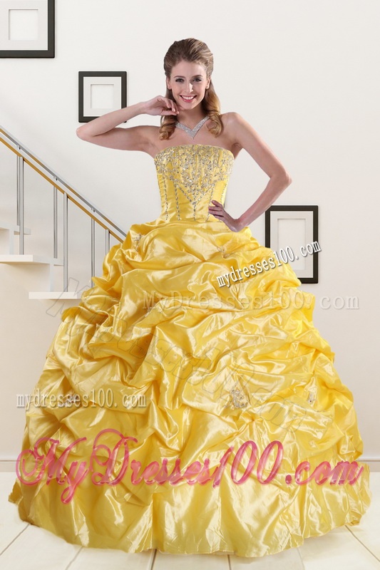 Yellow Beading Strapless 2016 Quinceanera Dresses with Sweep Train
