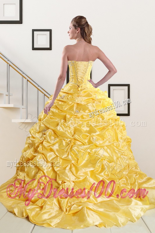 Yellow Beading Strapless 2016 Quinceanera Dresses with Sweep Train