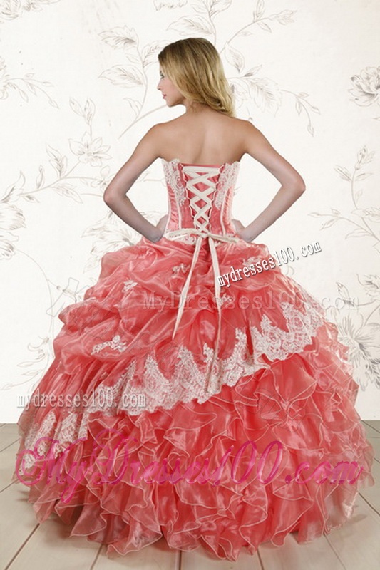 2016 Watermelon Strapless Quinceanera Dresses with Appliques and Ruffles