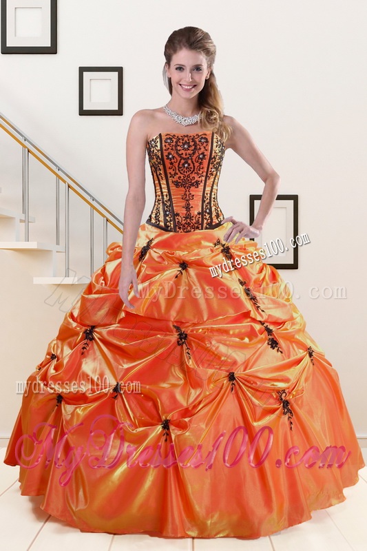 2016 Cheap Orange Red and Black Quinceanera Dresses with Appliques