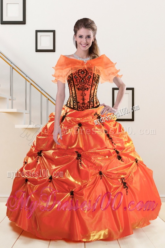2016 Cheap Orange Red and Black Quinceanera Dresses with Appliques