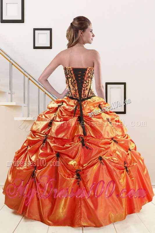 2016 Cheap Orange Red and Black Quinceanera Dresses with Appliques