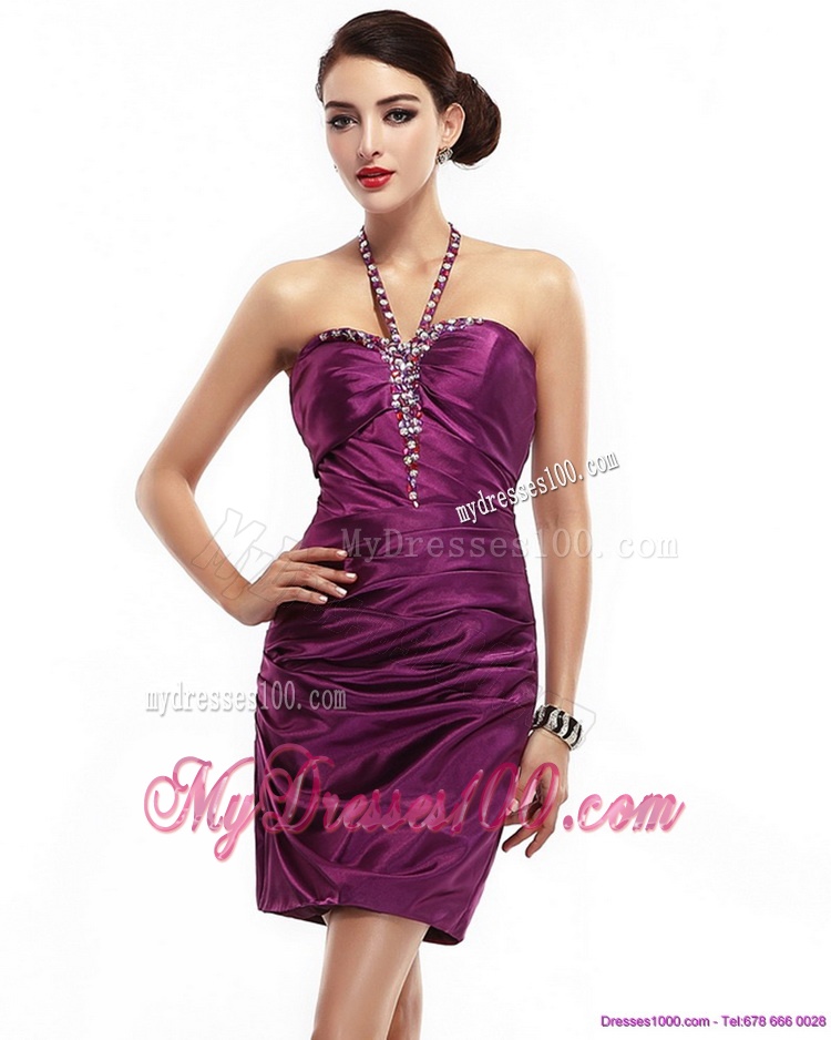 2016 Halter Top Short Evening Dresses with Ruching and Beading