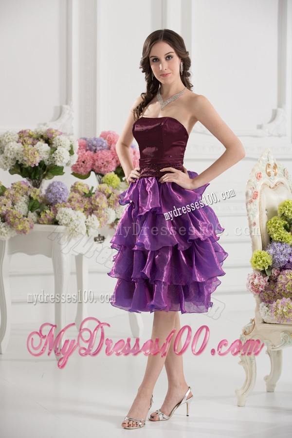 A-line Strapless Organza Beaded and Ruffled Layers Dark Viole Evening Dress