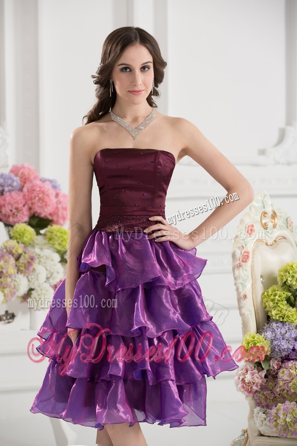 A-line Strapless Organza Beaded and Ruffled Layers Dark Viole Evening Dress