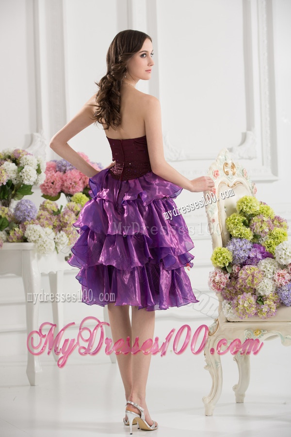 A-line Strapless Organza Beaded and Ruffled Layers Dark Viole Evening Dress